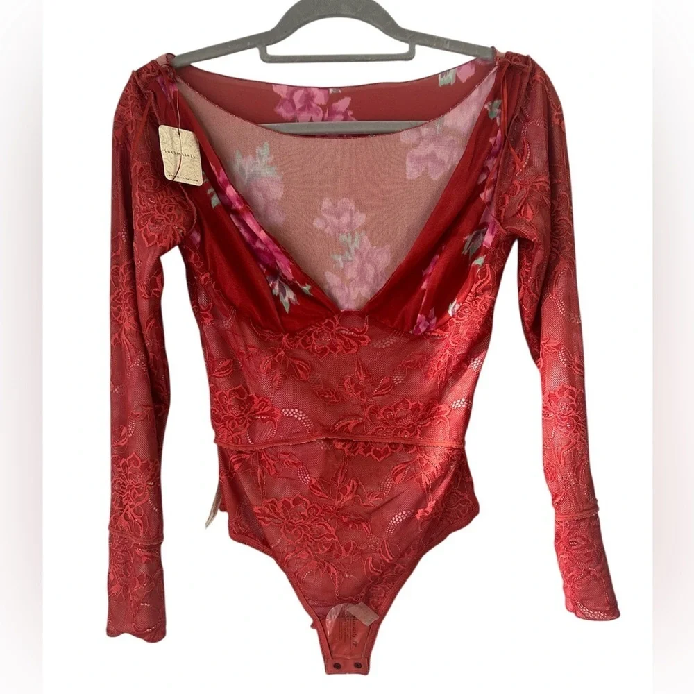 Free People Womens Size Small Bodysuit Cherry Red Printed Floral lace lined NWT